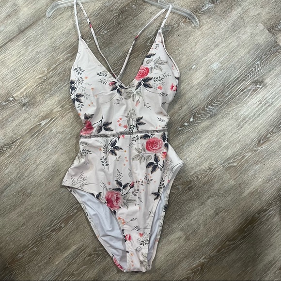 CUPSHE Tie Back High Waisted Shallow Waters Floral Print One-Piece Swimsuit - Picture 6 of 12